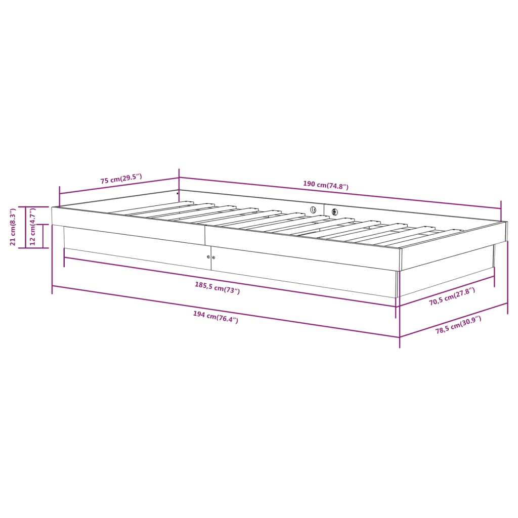 vidaXL Cadru de pat mic single, 75x190 cm, lemn masiv