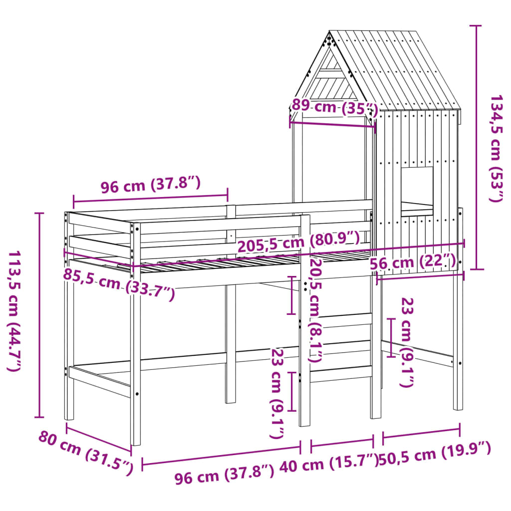 vidaXL Pat etajat cu scară și acoperiș, alb, 80x200 cm, lemn masiv pin