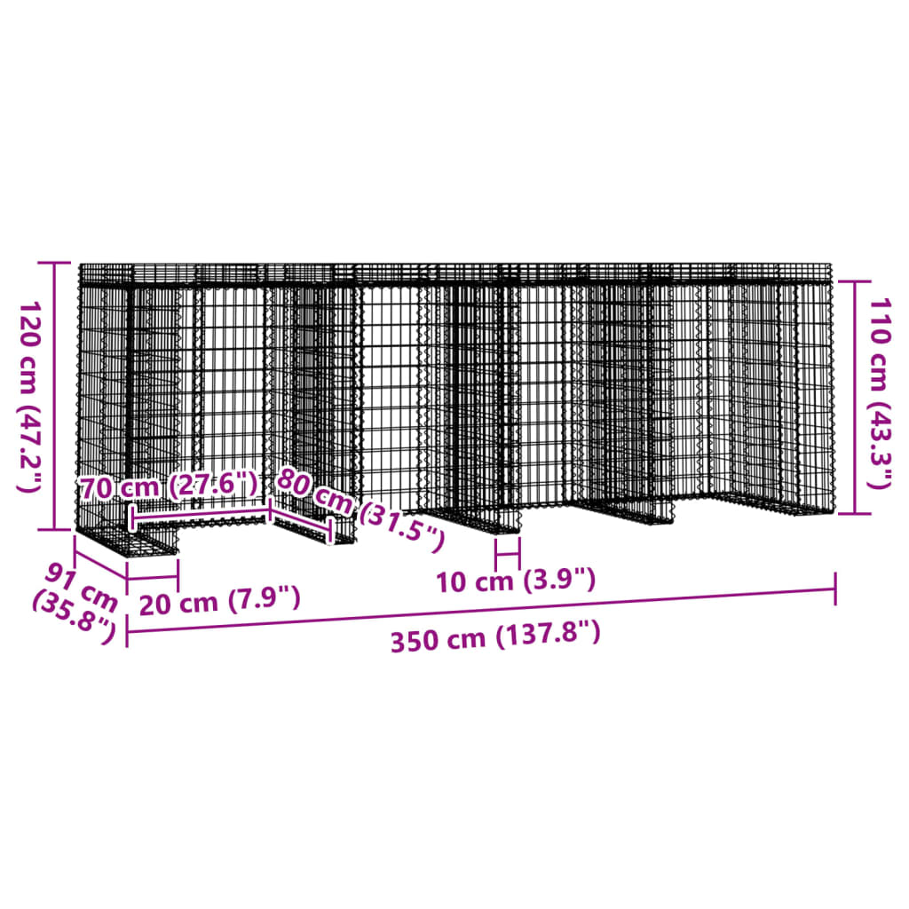 vidaXL Perete gabion pentru pubela gunoi 350x91x120 cm fier galvanizat