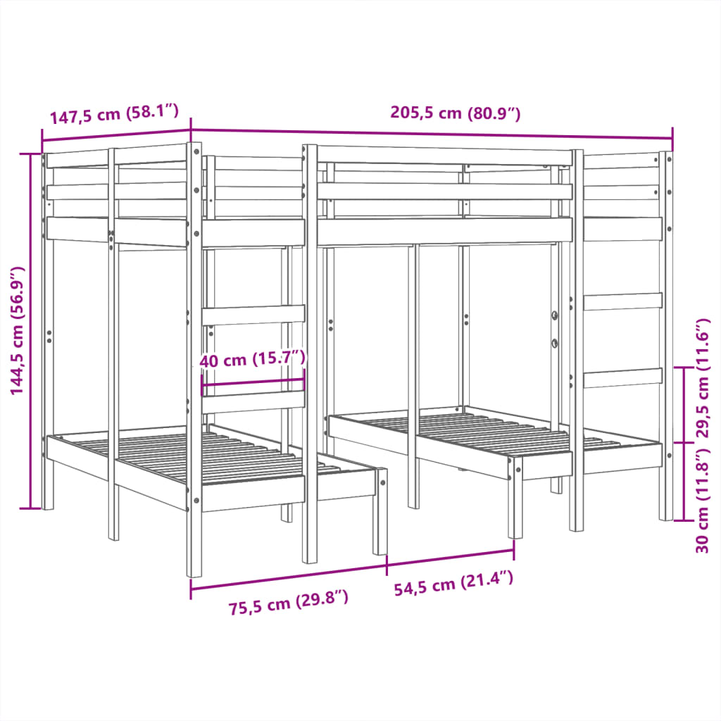 vidaXL Pat supraetajat triplu, alb 140x200/70x140 cm lemn pin