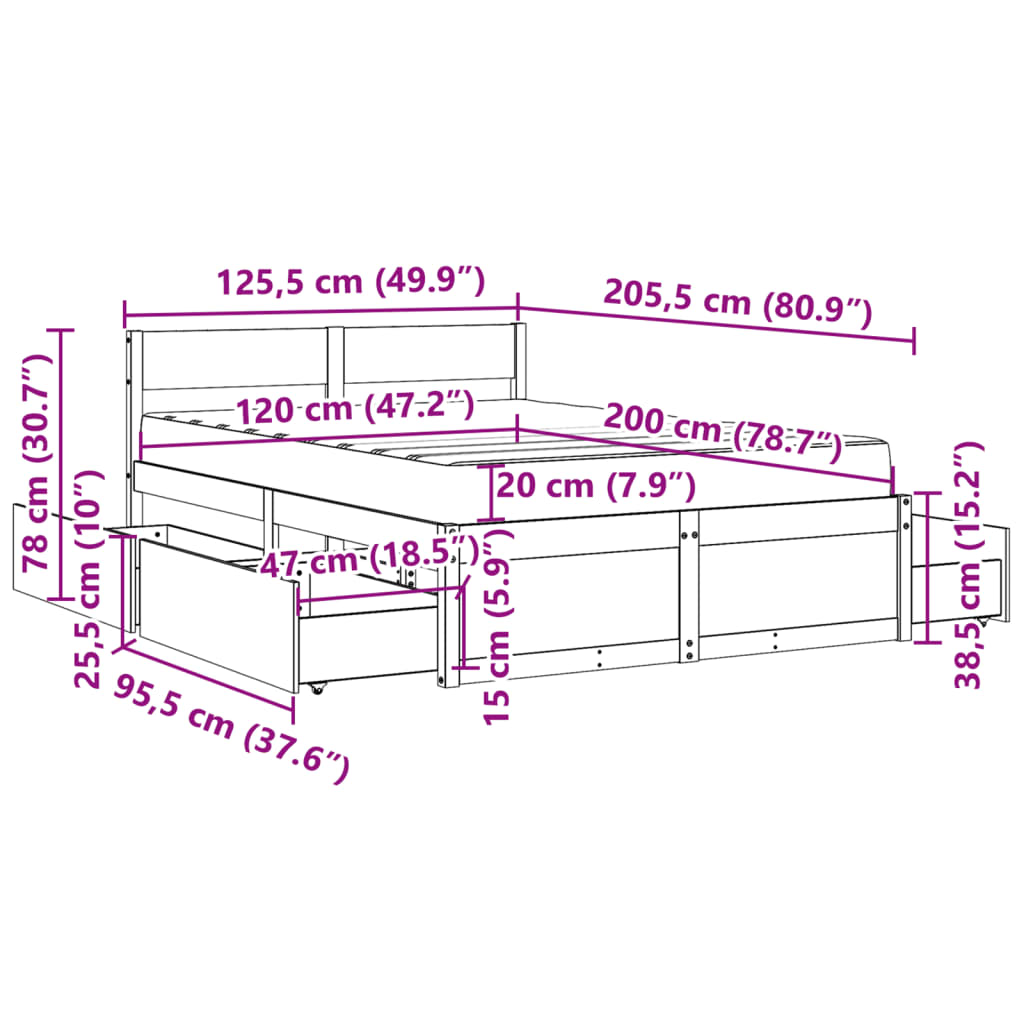 vidaXL Pat cu sertare și saltea, 120x200 cm, lemn masiv pin