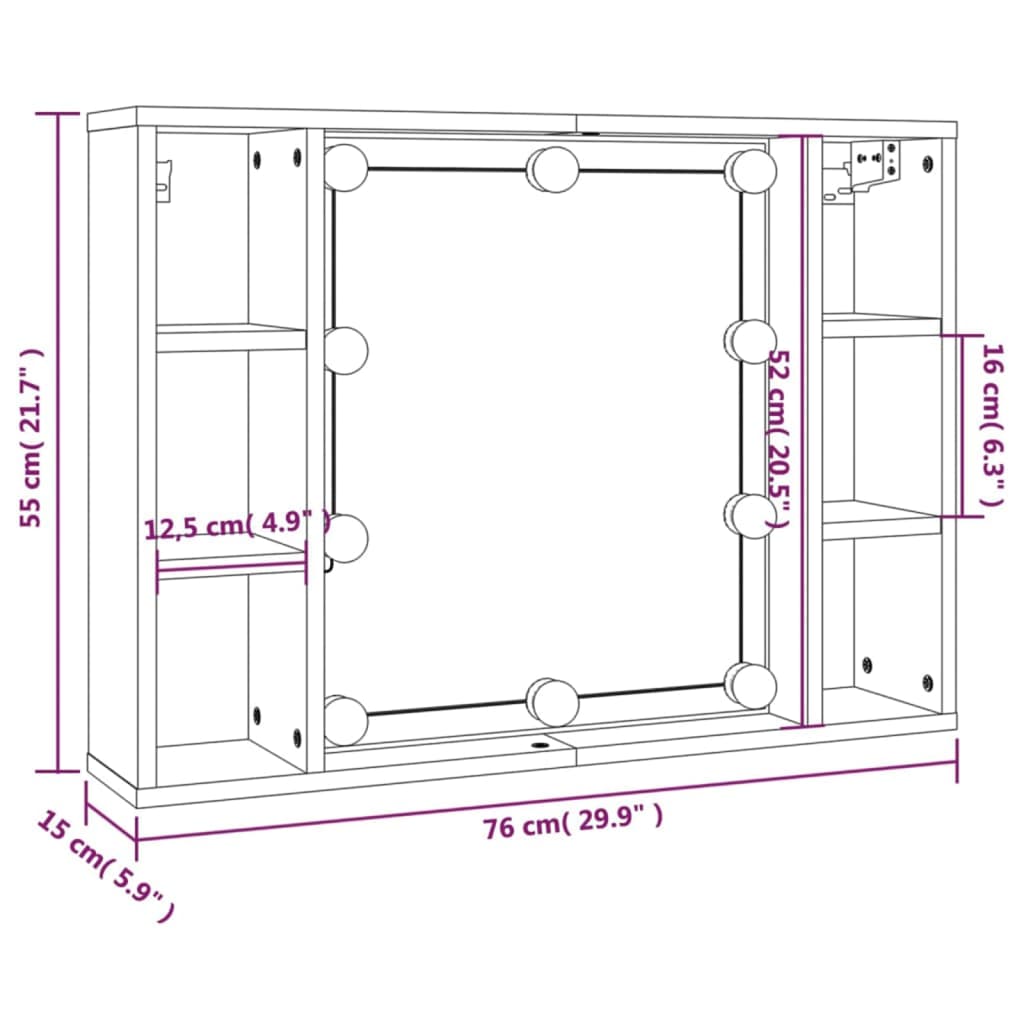 vidaXL Dulap cu oglindă și LED, gri sonoma, 76x15x55 cm