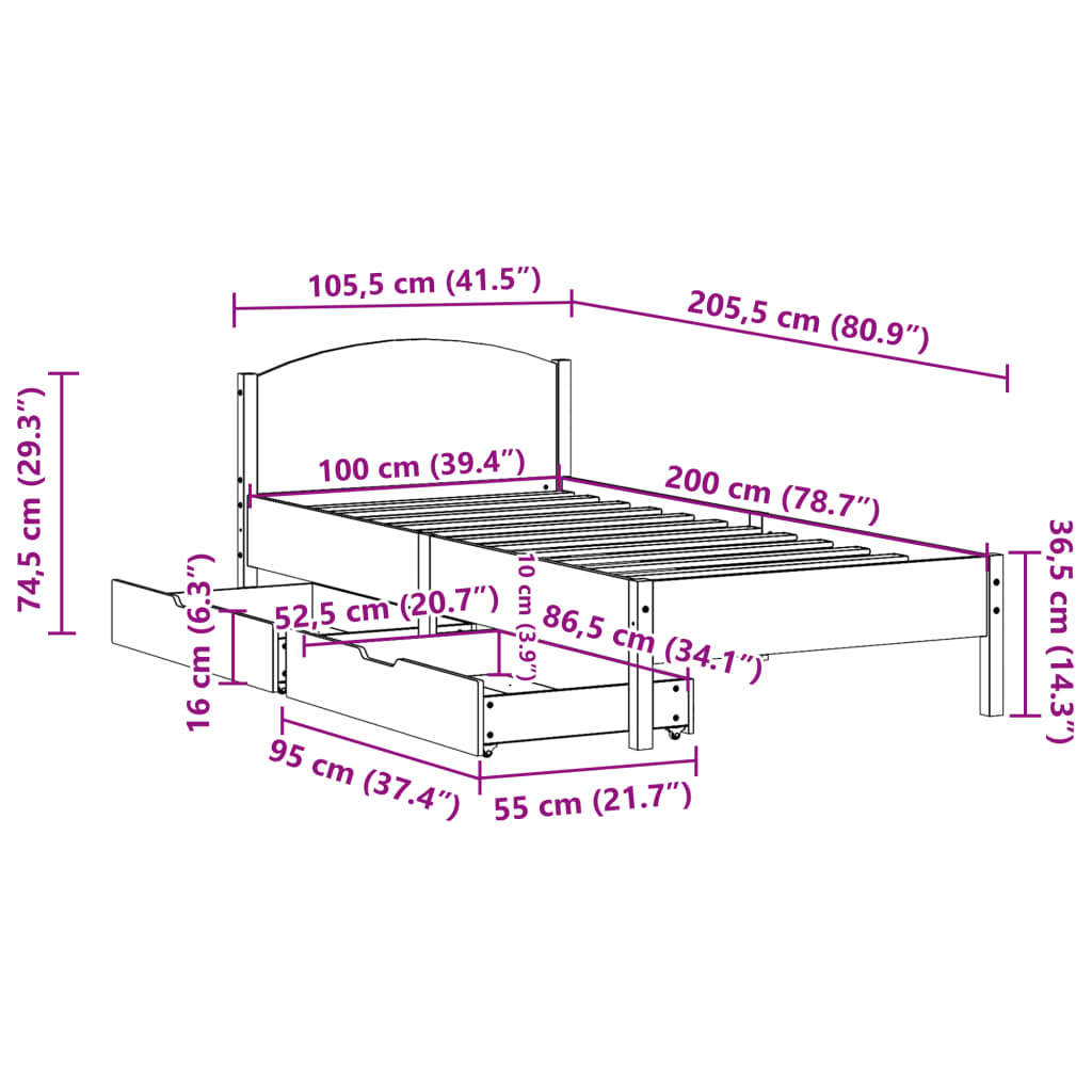 vidaXL Cadru pat fără saltea, alb, 100x200 cm, lemn masiv pin