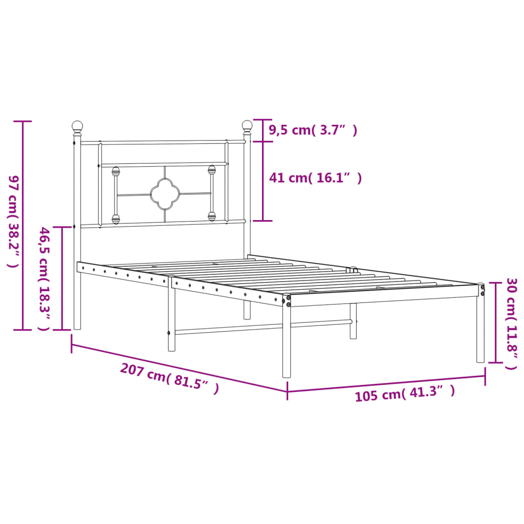 vidaXL Cadru de pat din metal cu tăblie, negru, 100x200 cm