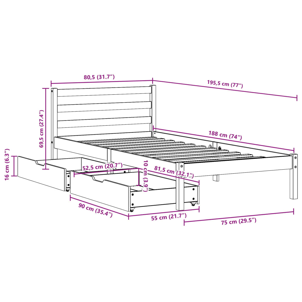 vidaXL Cadru de pat fără saltea, alb, 75x190 cm, lemn masiv de pin