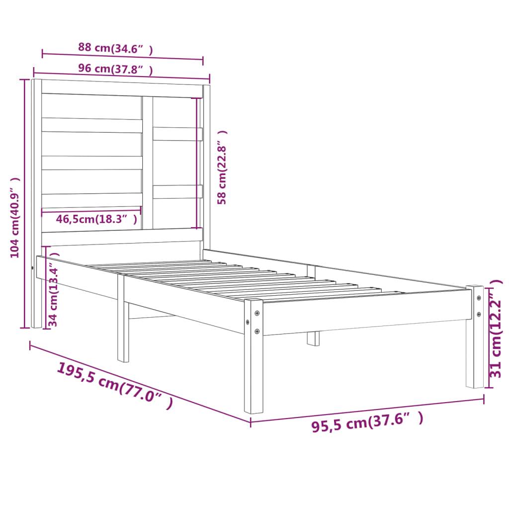 vidaXL Cadru de pat single, negru, 90x190 cm, lemn masiv