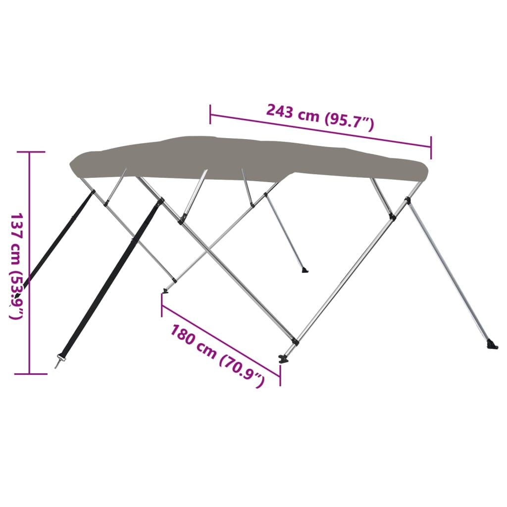 vidaXL Parasolar barcă Bimini cu 4 arcuri, gri, 243x180x137 cm