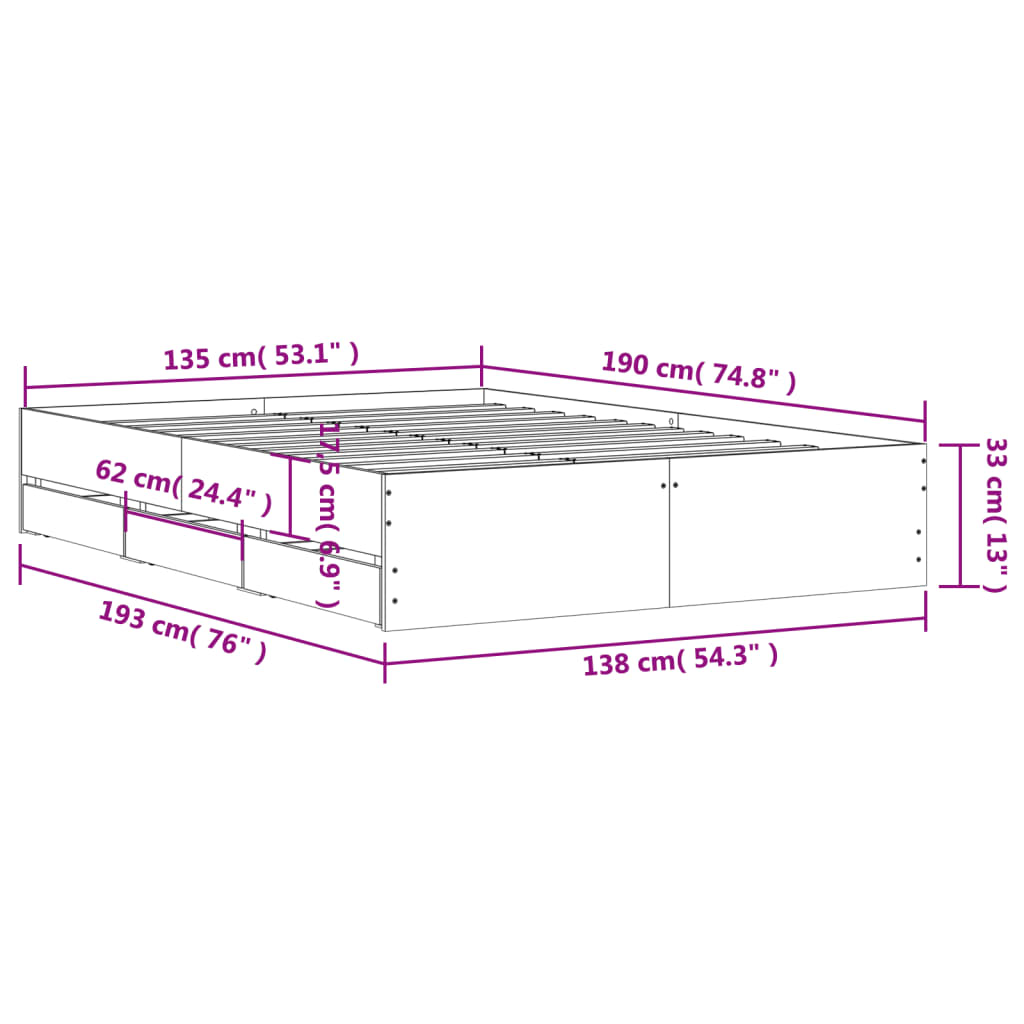 vidaXL Cadru de pat cu sertare, negru, 135x190 cm, lemn prelucrat