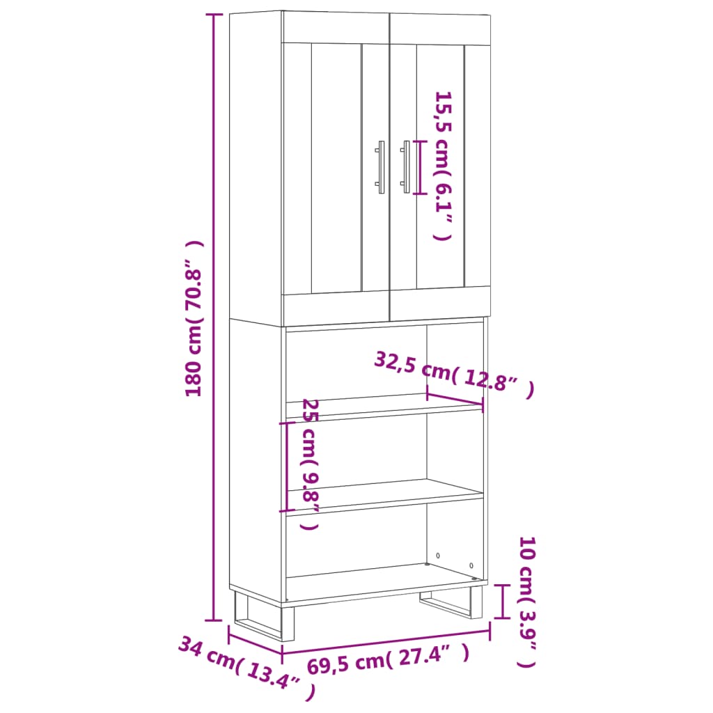 vidaXL Dulap înalt, gri beton, 69,5x34x180, lemn compozit