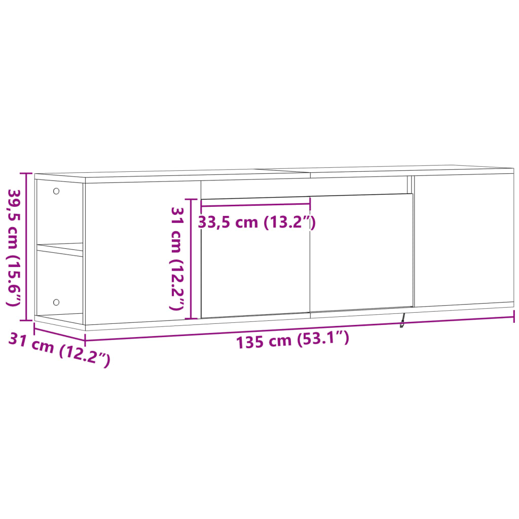 vidaXL Dulap TV de perete cu lumini LED, gri beton, 135x31x39,5 cm