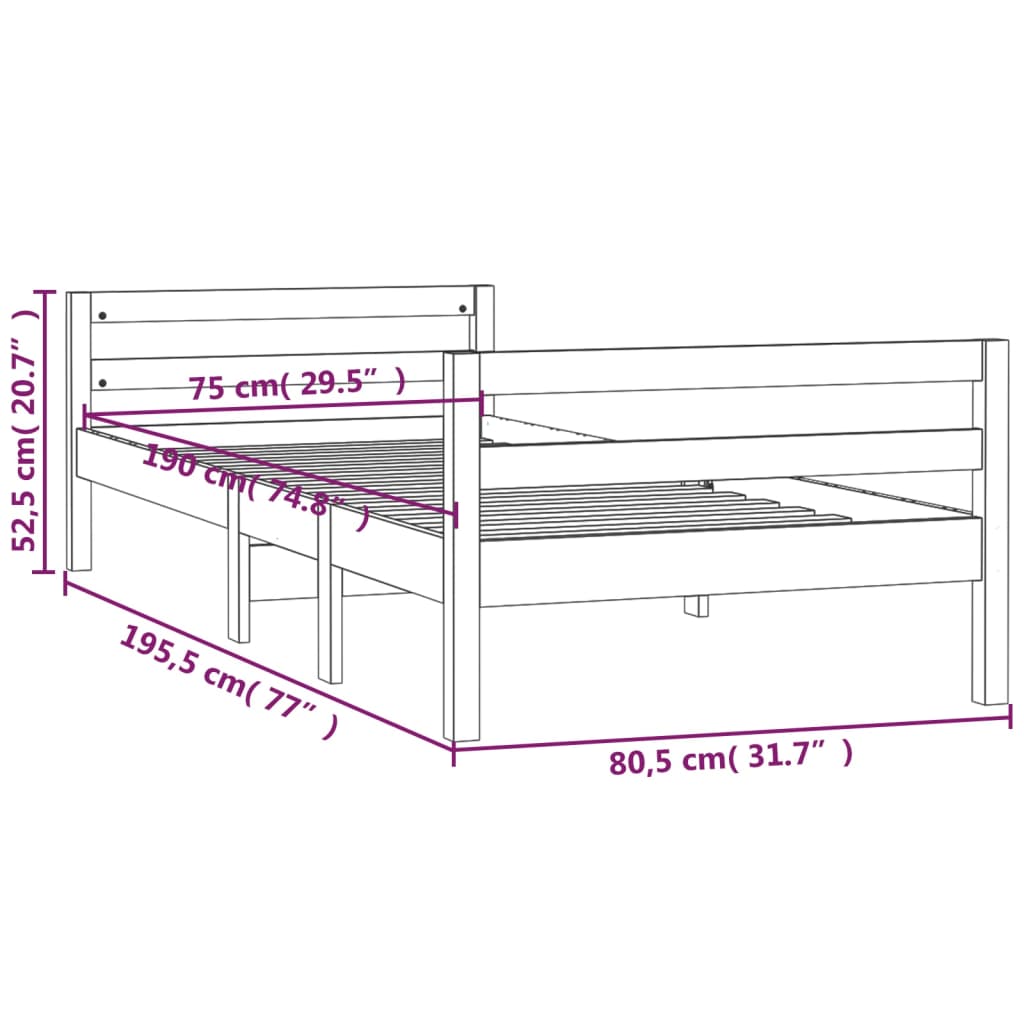 vidaXL Cadru de pat fără saltea, 75x190 cm, lemn masiv de pin