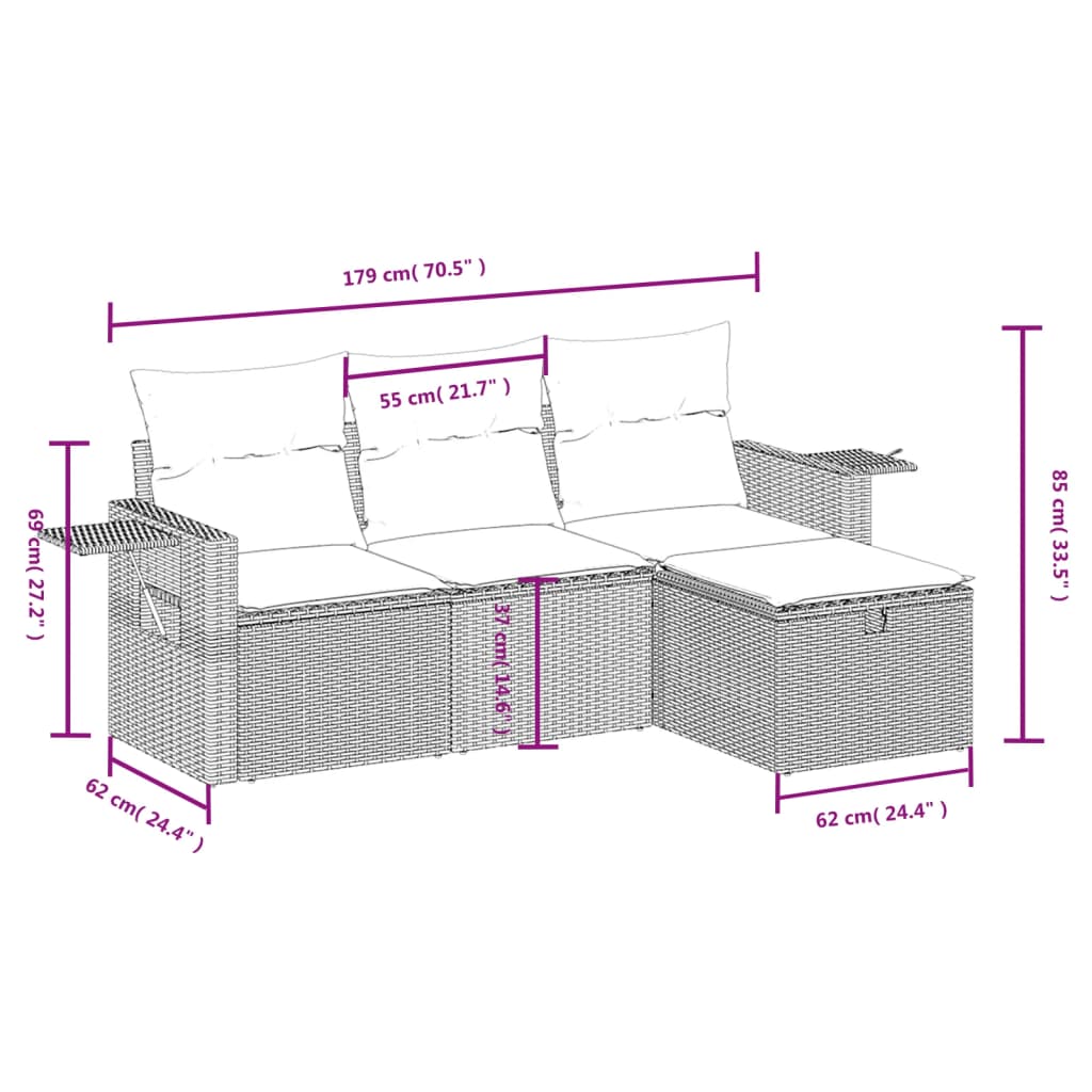 vidaXL Set mobilier de grădină cu perne, 4 piese, negru, poliratan