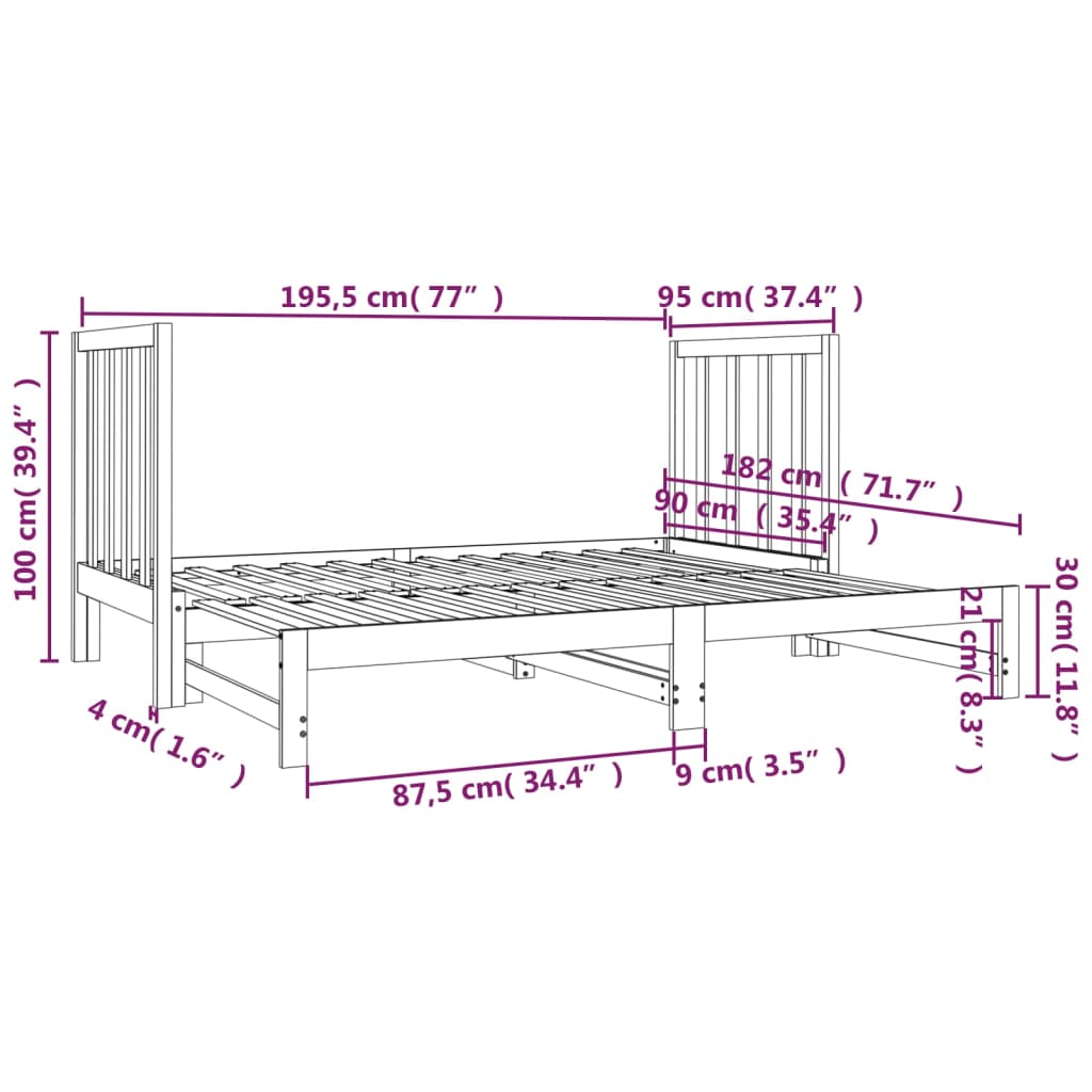 vidaXL Pat de zi extensibil, alb, 2x(90x190) cm, lemn masiv de pin