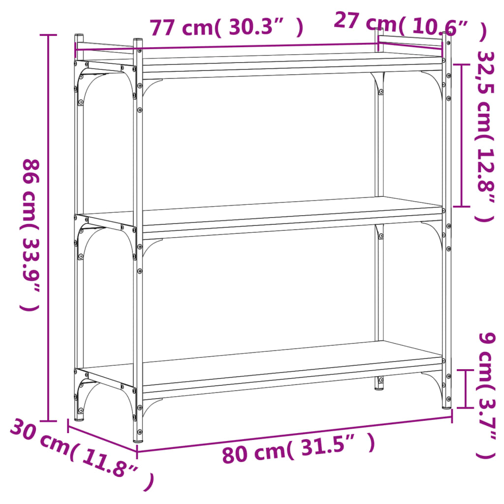 vidaXL Bibliotecă cu 3 niveluri gri sonoma 80x30x86 cm, lemn prelucrat