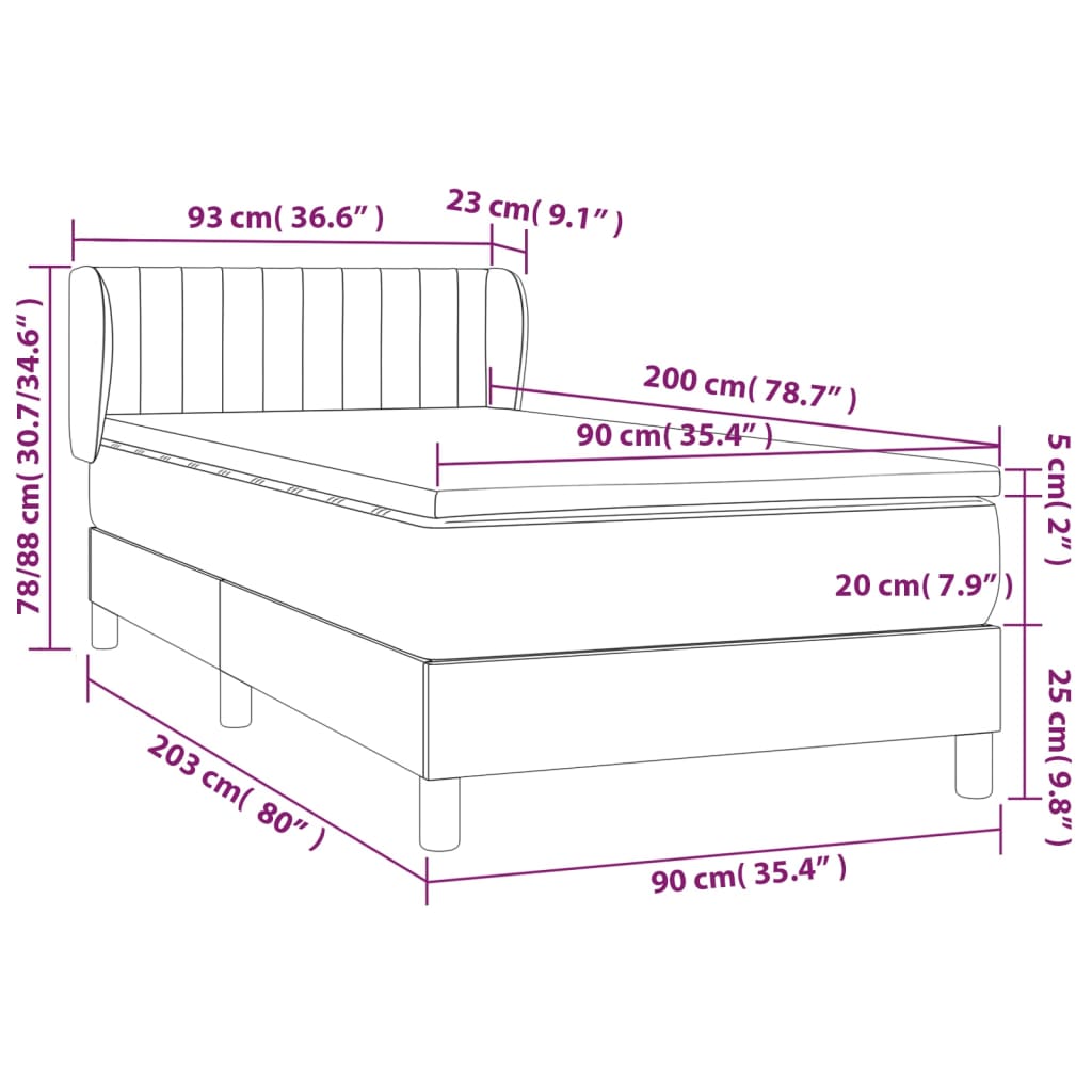 vidaXL Pat box spring cu saltea, gri deschis, 90x200 cm, textil