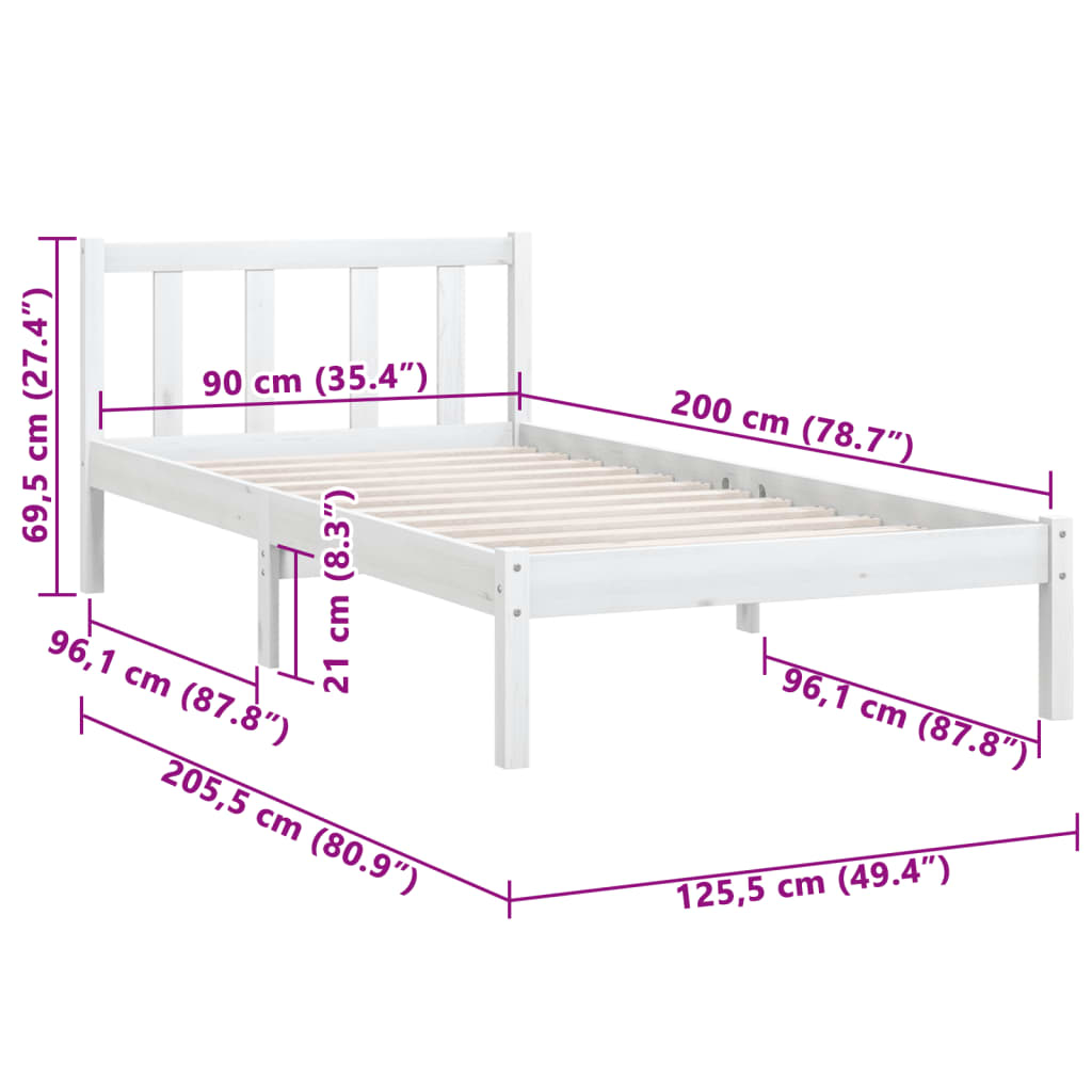 vidaXL Cadru de pat, alb, 90x200 cm, lemn masiv de pin