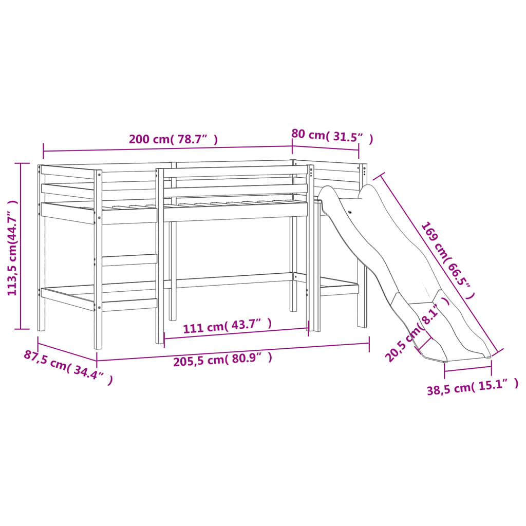 vidaXL Pat etajat de copii cu tunel albastru 80x200 cm lemn masiv pin