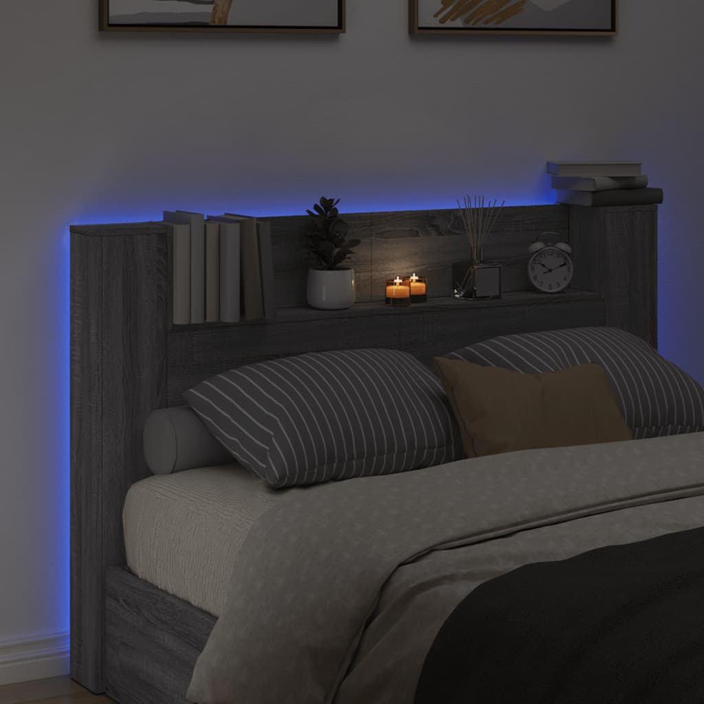 vidaXL Tăblie de pat cu dulap și LED, gri sonoma, 160x16,5x103,5 cm