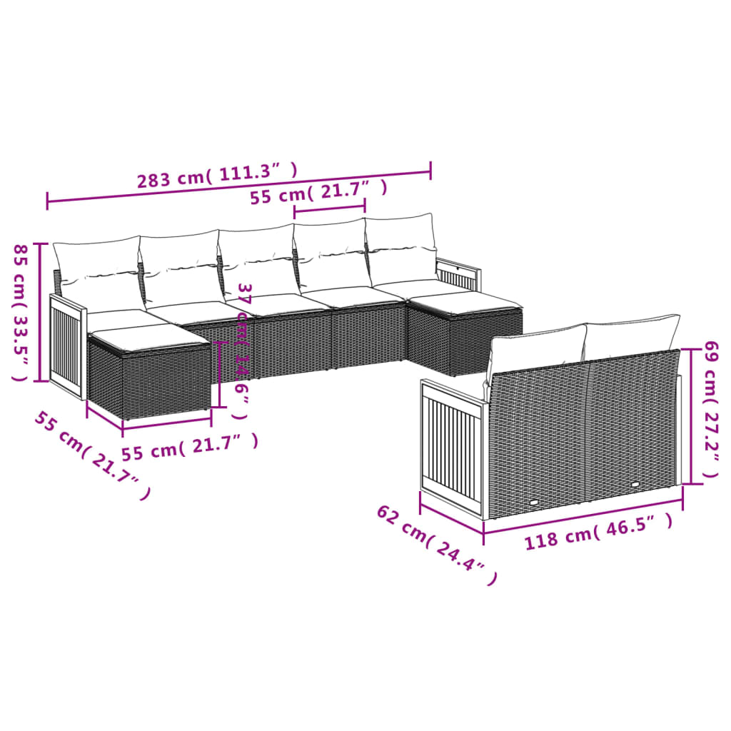 vidaXL Set mobilier de grădină cu perne, 9 piese, negru, poliratan