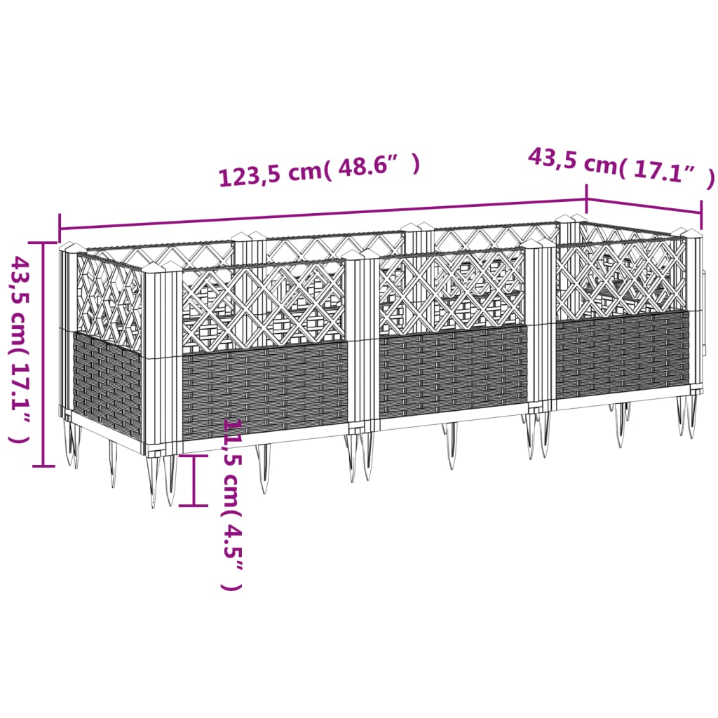 vidaXL Jardinieră de grădină cu țăruși, gri, 123,5x43,5x43,5 cm, PP