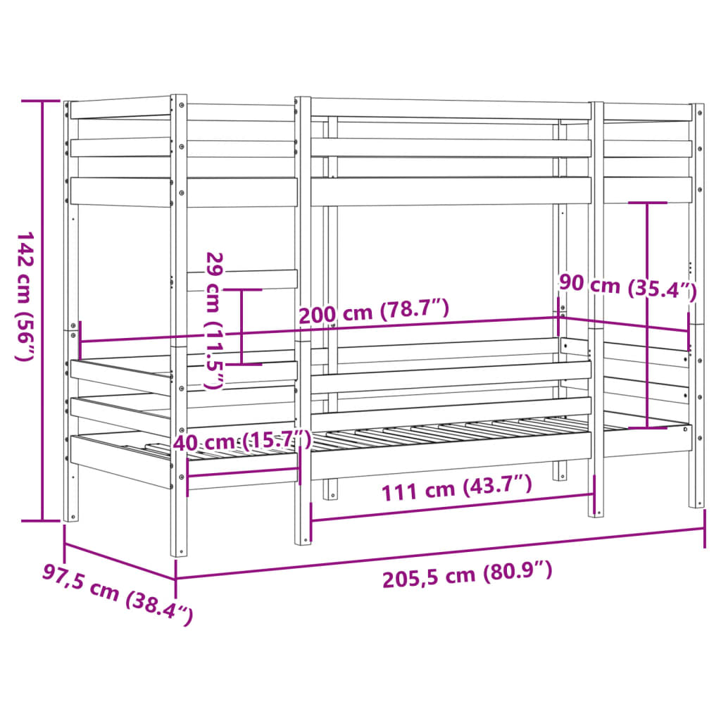 vidaXL Pat supraetajat, alb, 90x200 cm, lemn masiv de pin