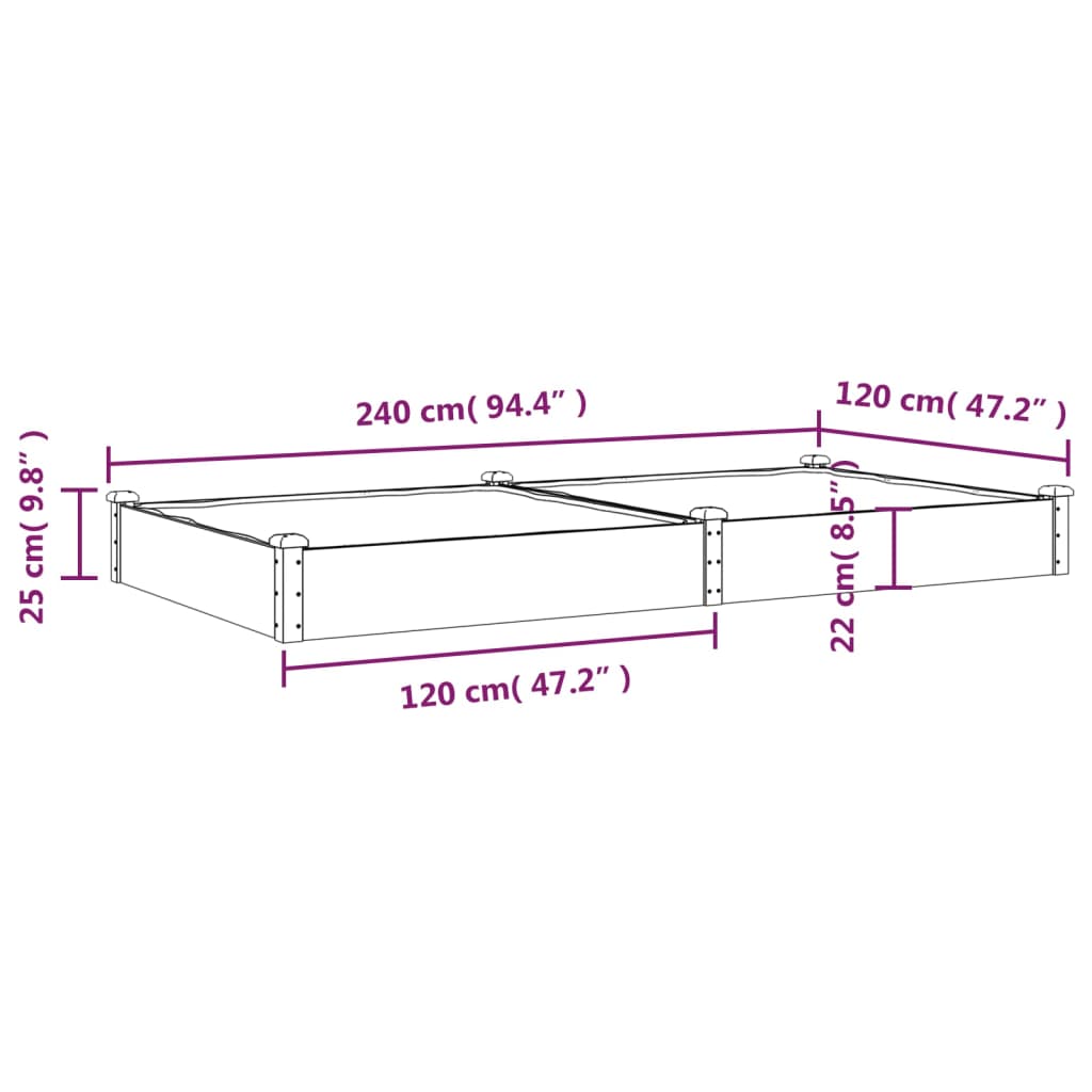 vidaXL Strat grădină înălțat cu căptușeală maro 240x120x25cm lemn brad