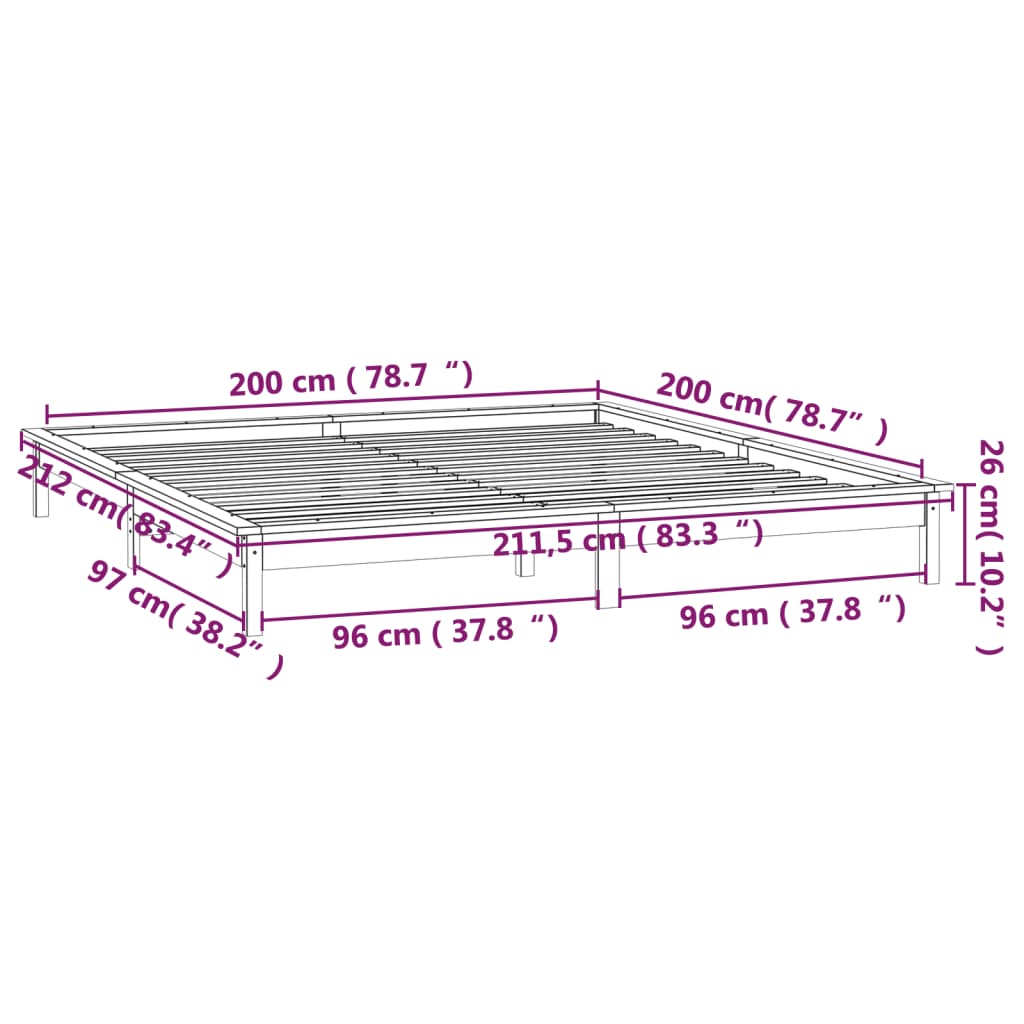 vidaXL Cadru de pat cu LED, maro miere, 200x200 cm, lemn masiv