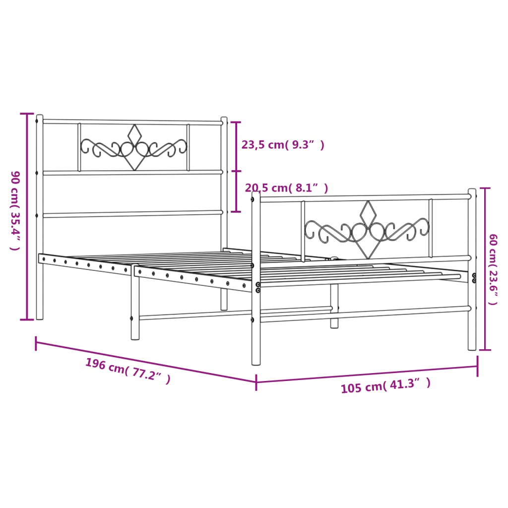 vidaXL Cadru pat metalic cu tăblii de cap/picioare, negru, 100x190 cm