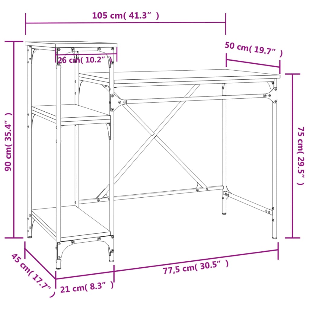 vidaXL Birou cu rafturi, stejar sonoma 105x50x90 cm lemn compozit/fier