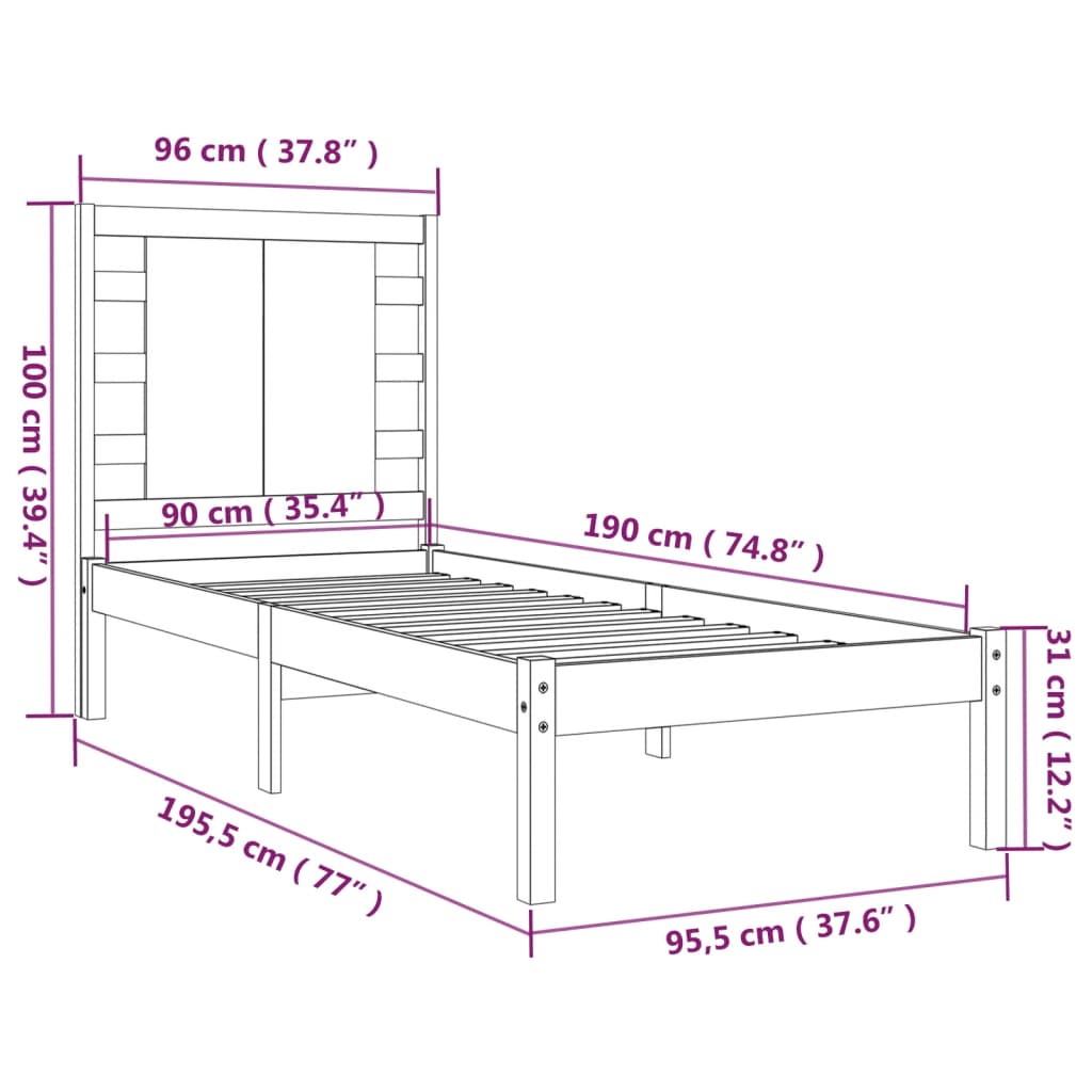 vidaXL Cadru de pat single, negru, 90x190 cm, lemn masiv