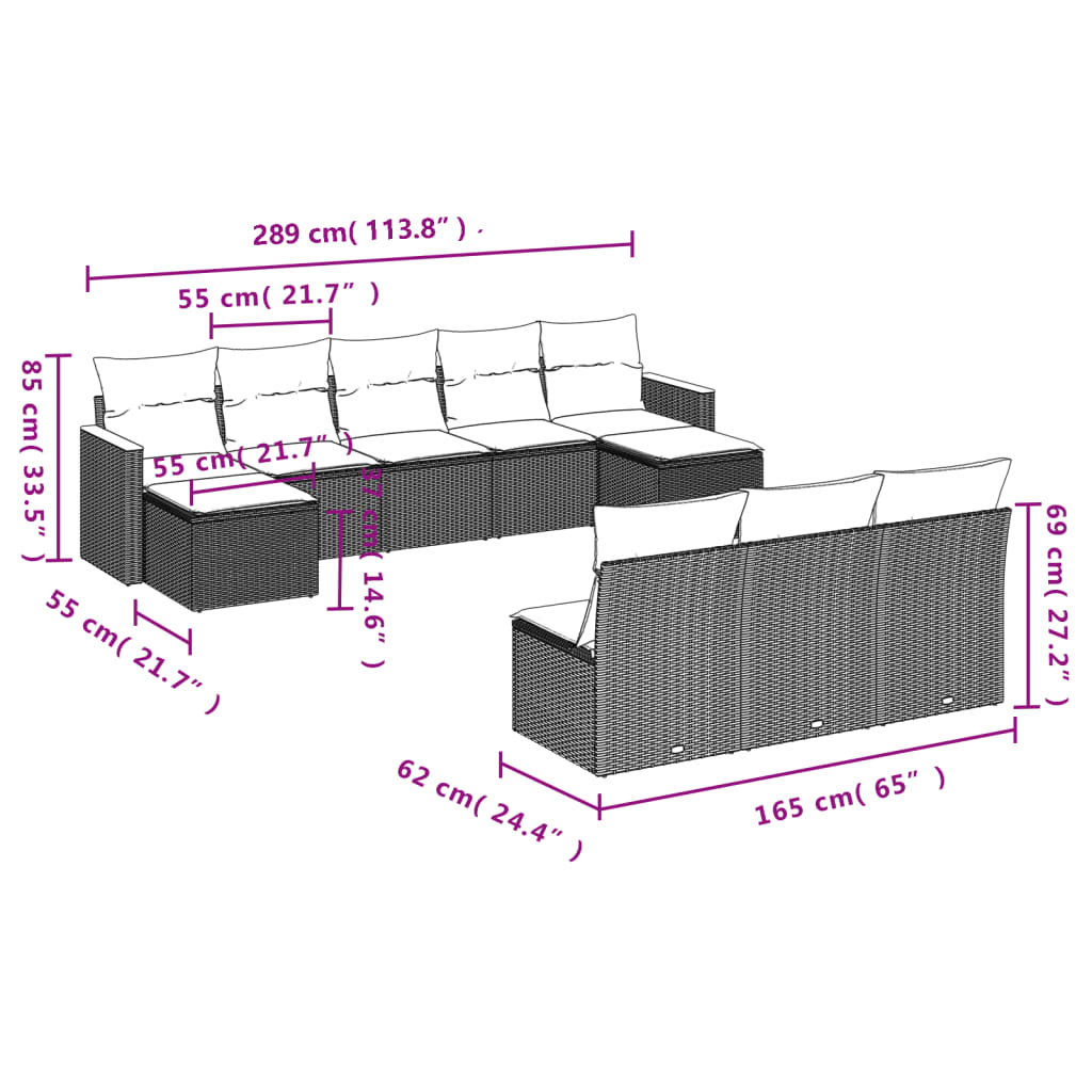 vidaXL Set mobilier de grădină cu perne, 10 piese, gri, poliratan