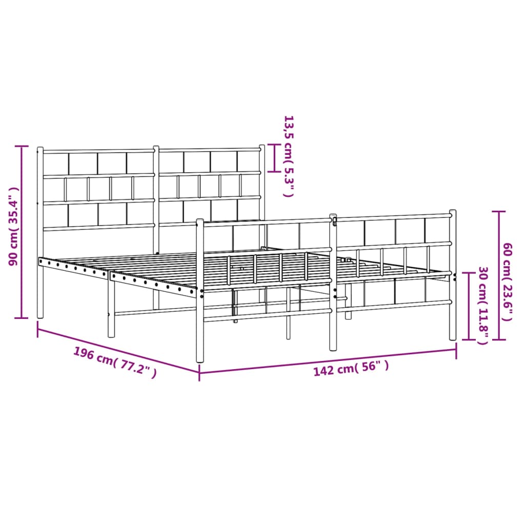 vidaXL Cadru pat metalic cu tăblie de cap/picioare, negru, 135x190 cm