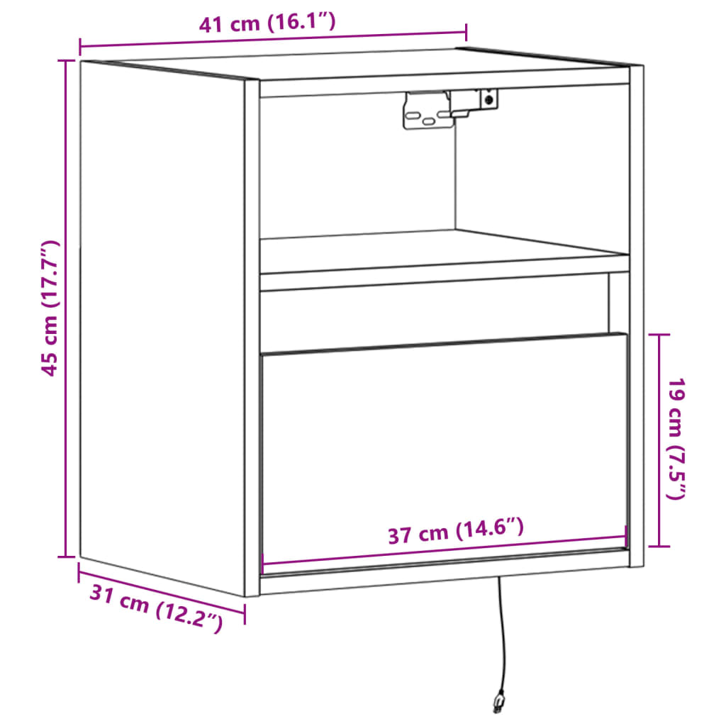 vidaXL Comodă TV de perete cu lumini LED, gri sonoma, 41x31x45 cm