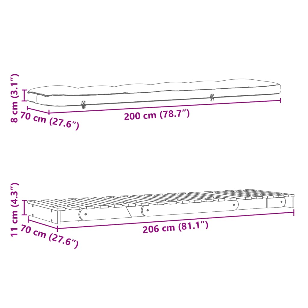 vidaXL Canapea futon cu saltea, alb, 70x206x11 cm, lemn masiv de pin