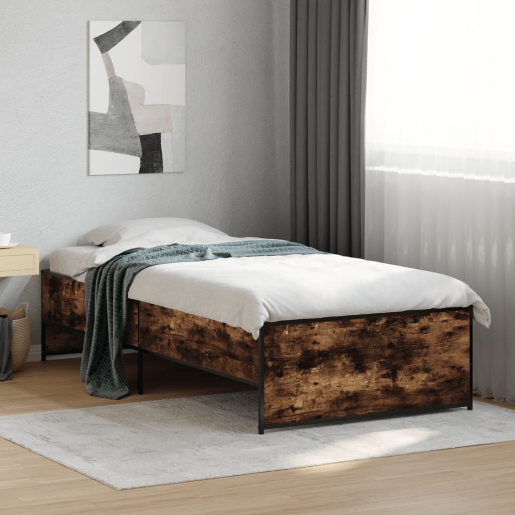 vidaXL Cadru de pat, stejar fumuriu 100x200 cm lemn prelucrat și metal