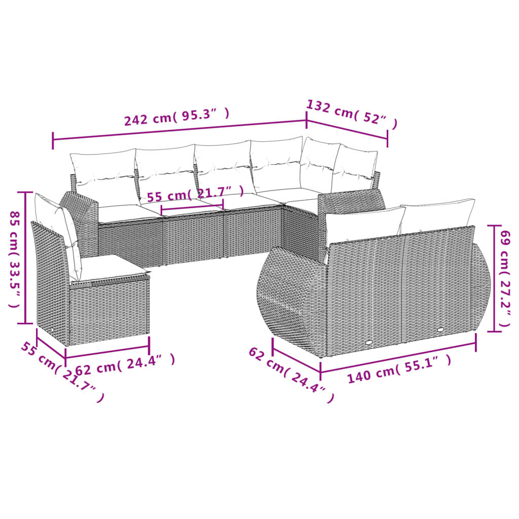 vidaXL Set mobilier de grădină cu perne, 8 piese, negru, poliratan