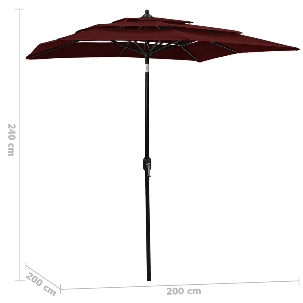 vidaXL Umbrelă de soare 3 niveluri, stâlp aluminiu, roșu bordo, 2x2 m