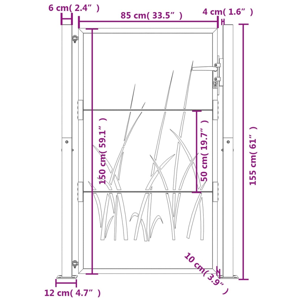 vidaXL Poartă pentru grădină, antracit, 105x155 cm, oțel, model iarbă