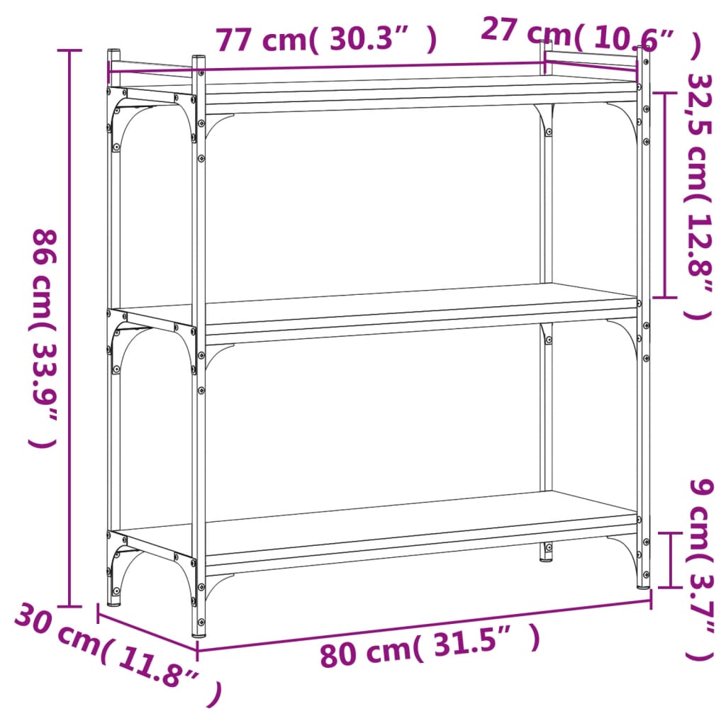 vidaXL Bibliotecă 3 niveluri stejar afumat 80x30x86 cm, lemn prelucrat