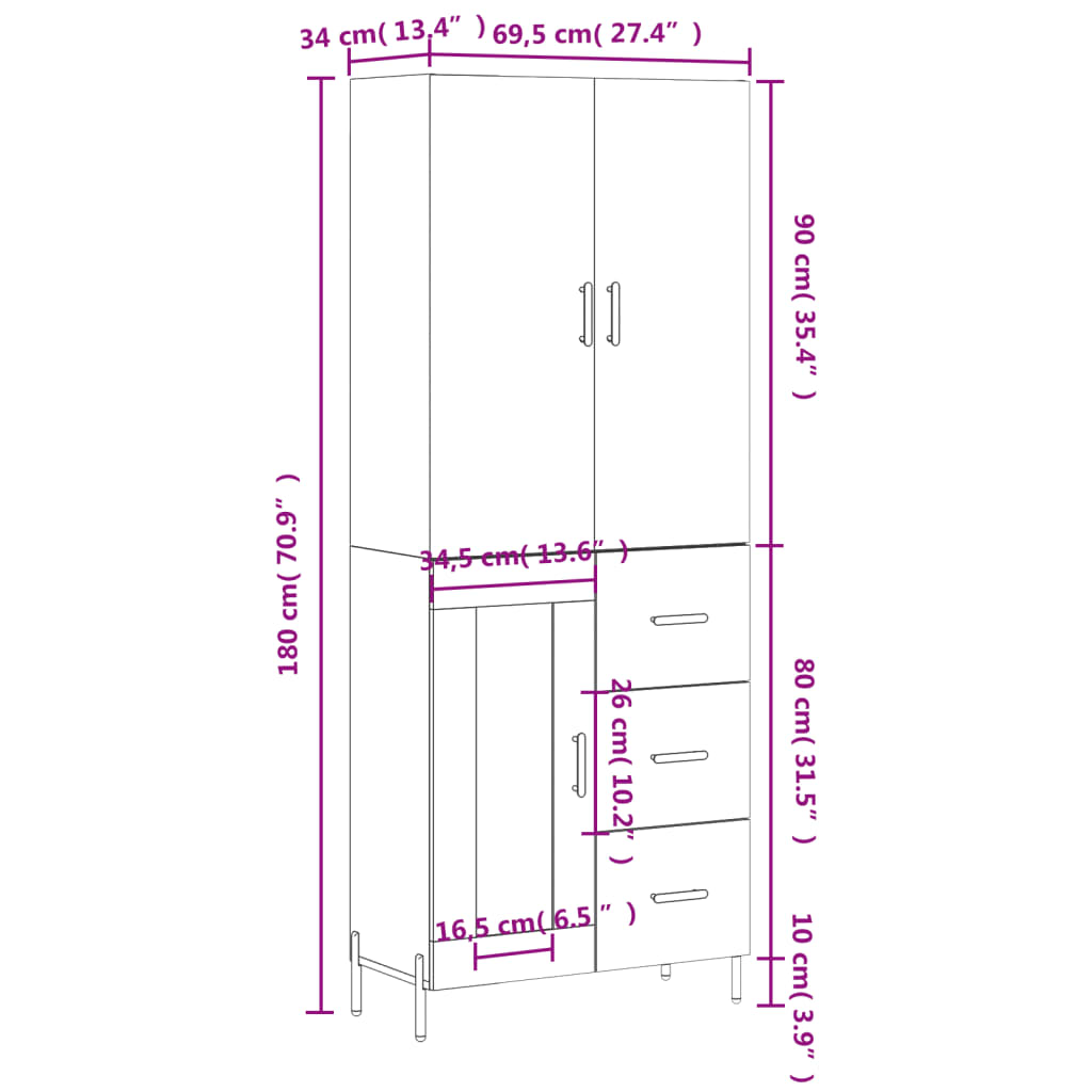 vidaXL Dulap înalt, alb, 69,5x34x180 cm, lemn compozit