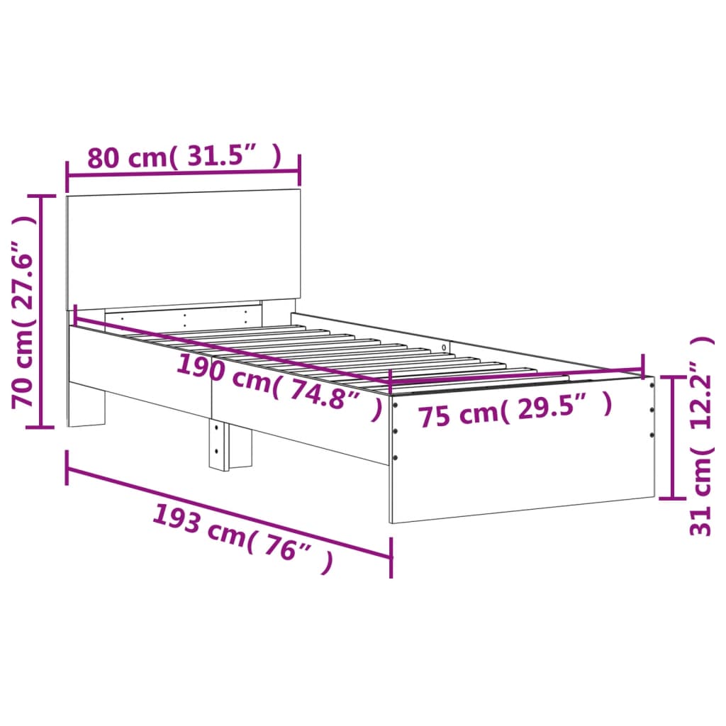 vidaXL Cadru de pat cu tăblie și lumini LED, stejar maro, 75x190 cm