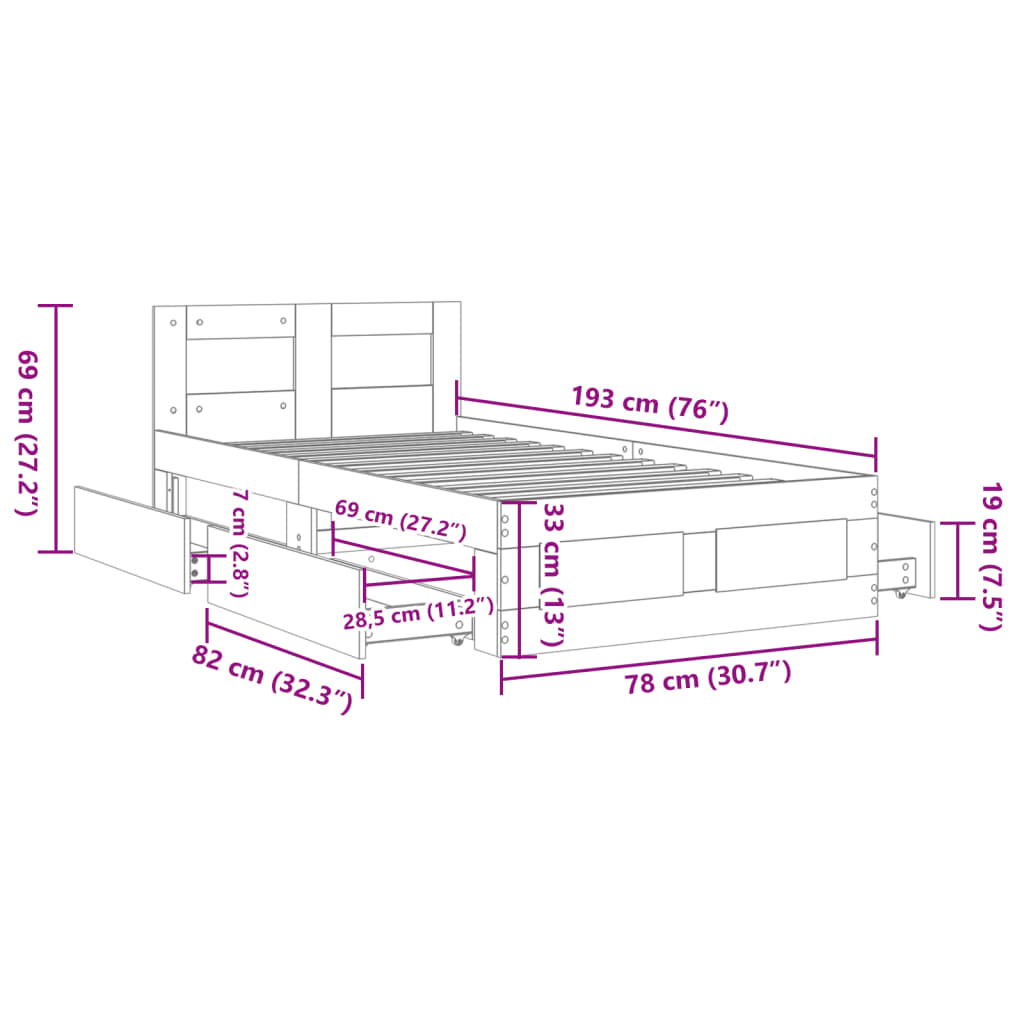 vidaXL Cadru de pat cu tăblie, negru, 75x190 cm, lemn prelucrat