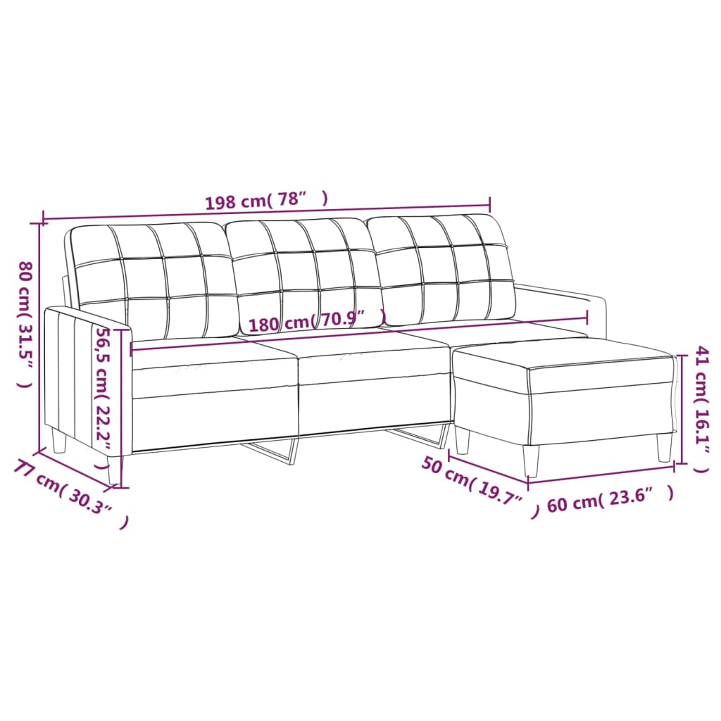 vidaXL Canapea cu 3 locuri cu taburet, crem, 180 cm, material textil