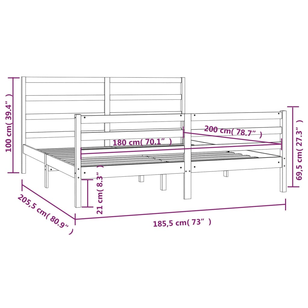 vidaXL Cadru de pat Super King, alb, 180x200 cm, lemn masiv de pin