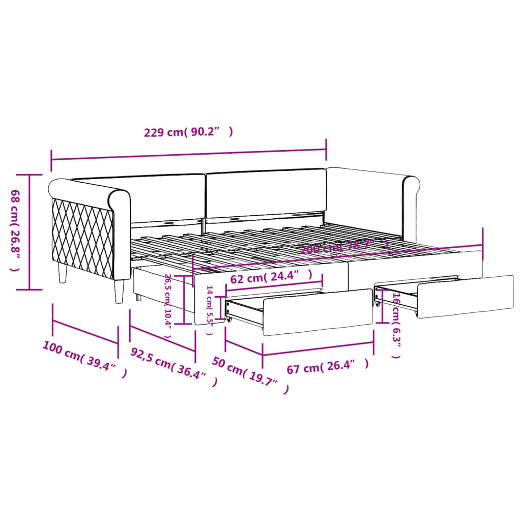 vidaXL Pat de zi cu extensie și sertare, gri deschis 90x200 cm catifea