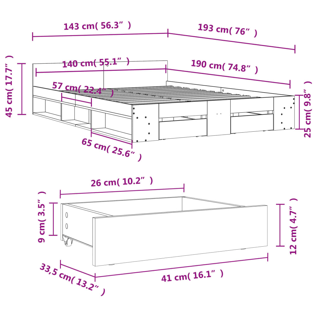 vidaXL Cadru pat cu sertare stejar fumuriu 140x190 cm lemn prelucrat