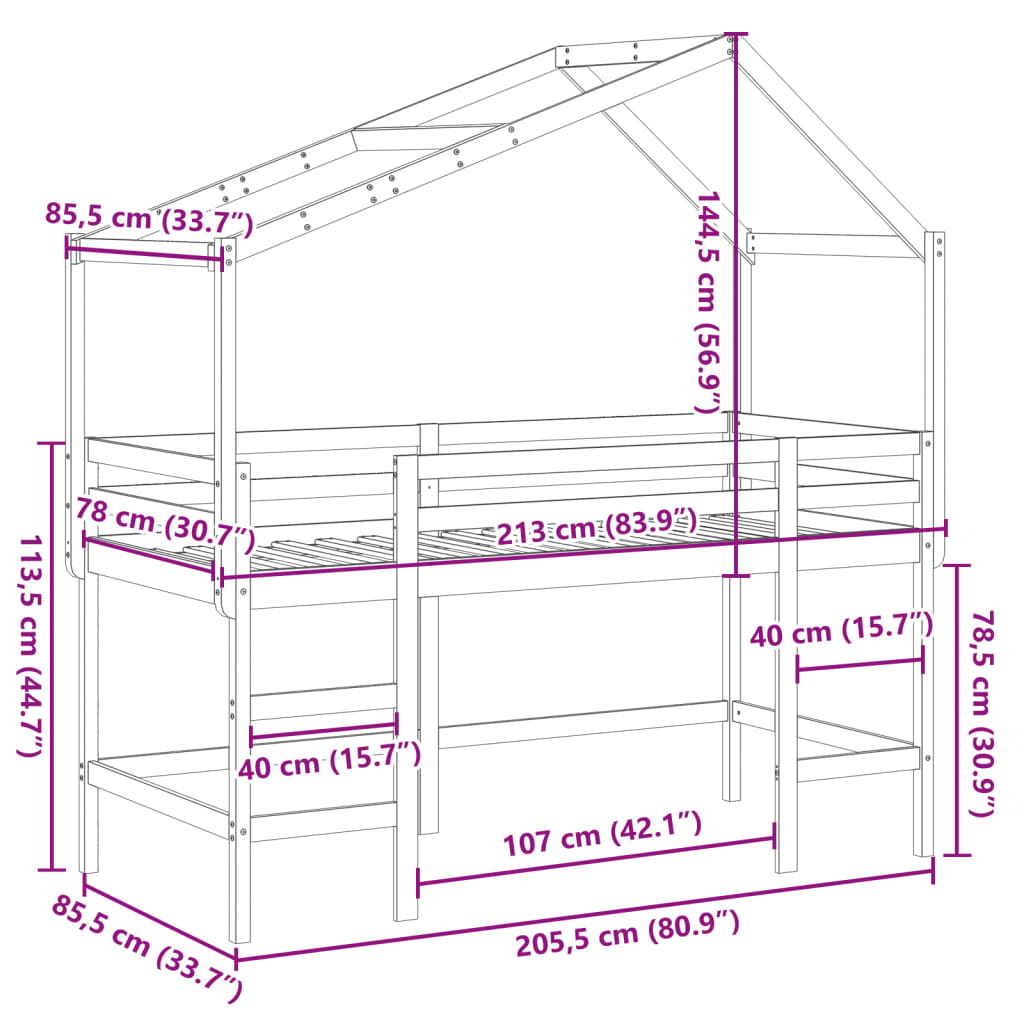 vidaXL Pat etajat cu scară și acoperiș, alb, 80x200 cm, lemn masiv pin