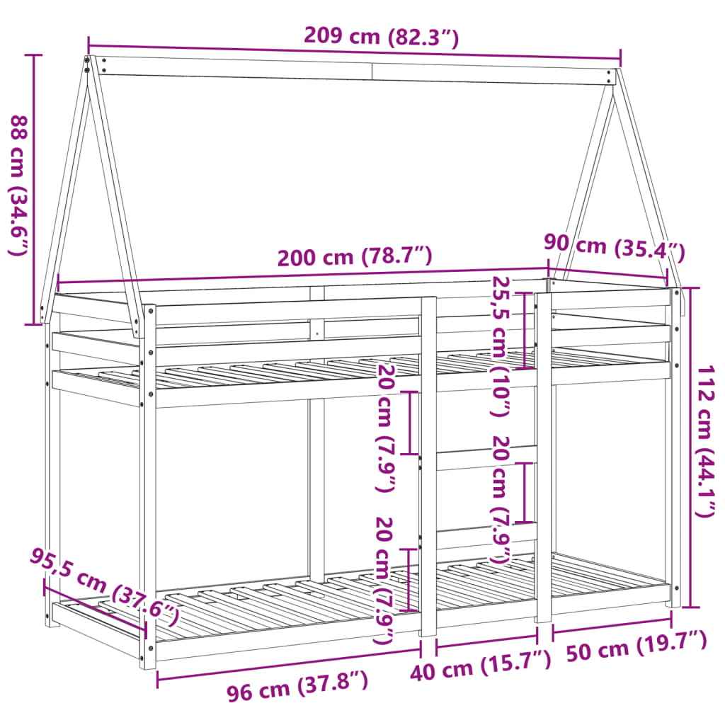 vidaXL Pat supraetajat cu acoperiș maro ceruit 90x200cm lemn masiv pin