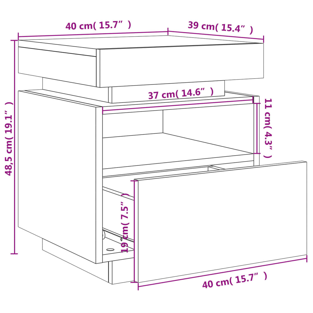 vidaXL Noptieră cu lumini LED, stejar sonoma, 40x39x48,5 cm