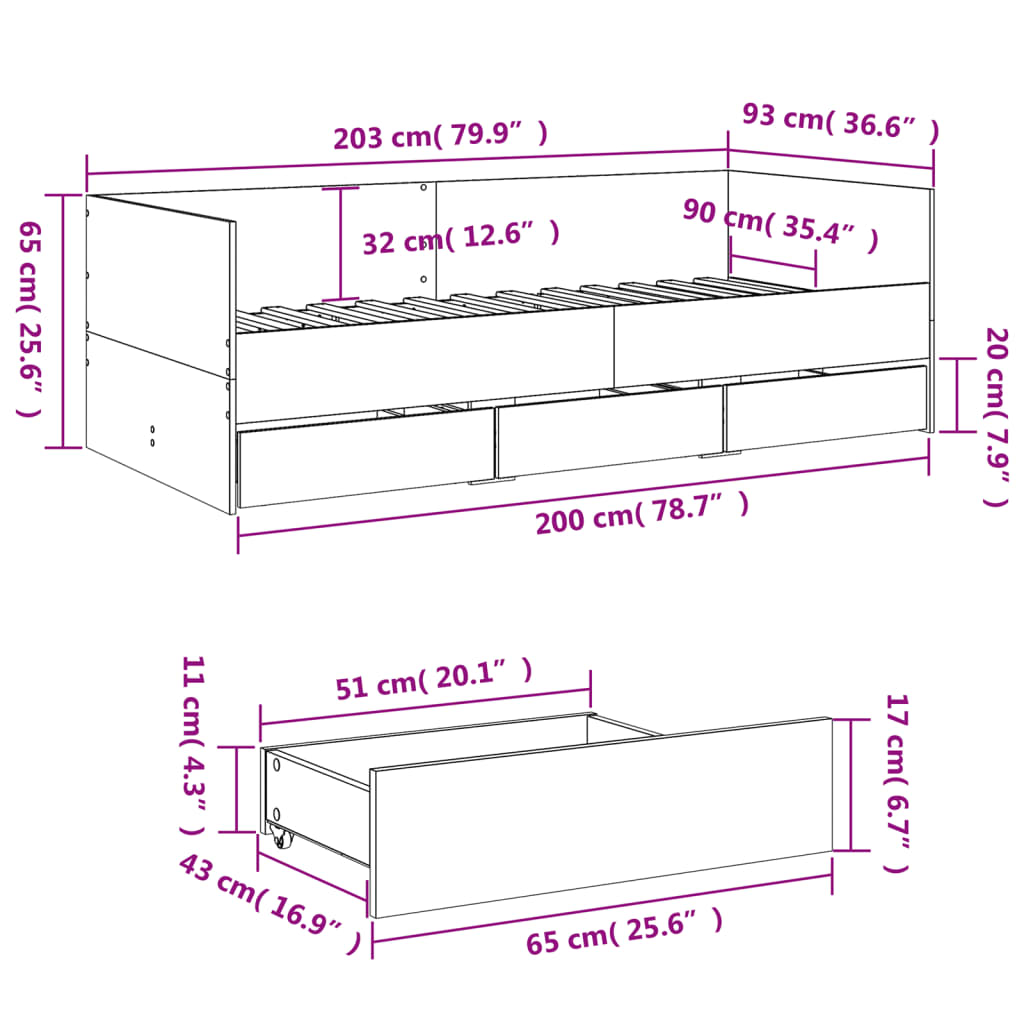 vidaXL Pat de zi cu sertare fără saltea, gri sonoma, 90x200 cm